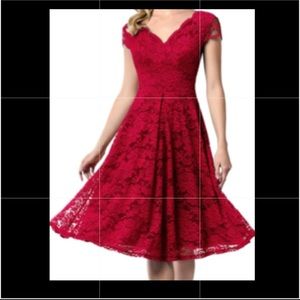 Floral Lace Party Midi Dress, V-Neck, Short Sleeve